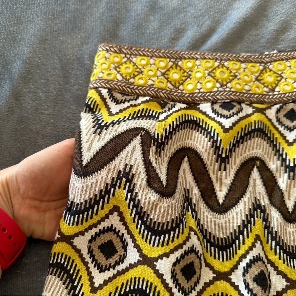 Tory Burch 100% Linen Yellow Mirrored with Pockets Midi Skirt Size 2